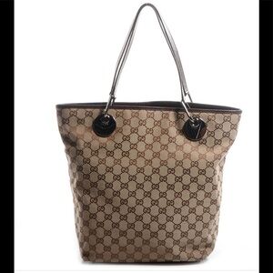 GUCCI GG Monogram Large Eclipse Tote Shoulder Bag Canvas Leather Purse Brown